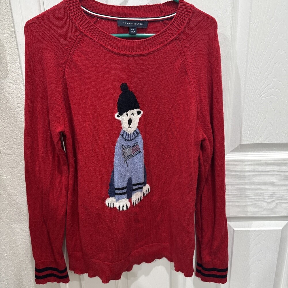 Tommy Hilfiger Red Winter Bear Pullover Sweater American Flag Womens Size Med